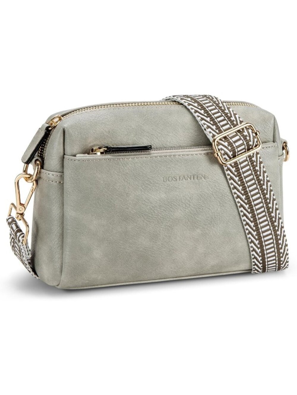 Women's Grey Leather Triple Zip Crossbody Bag Purse with Colored Shoulder Strap